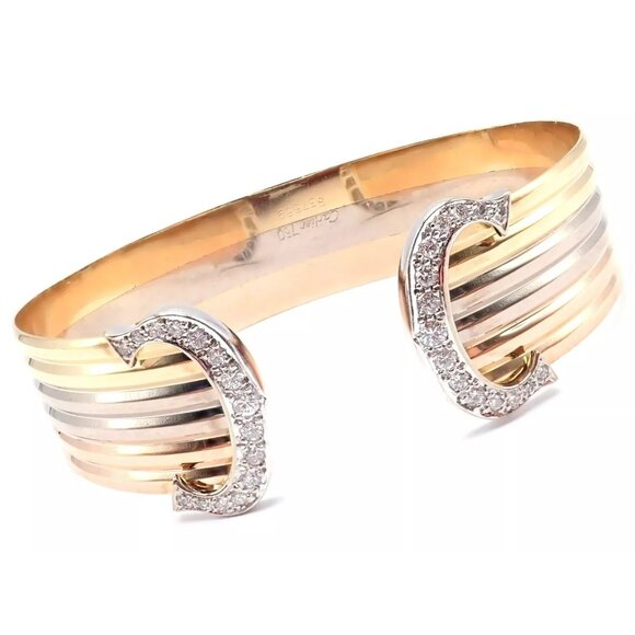 Authentic! Cartier 18k Tri-Color Gold Diamond Double C Wide Cuff Bangle Bracelet - Picture 3 of 10